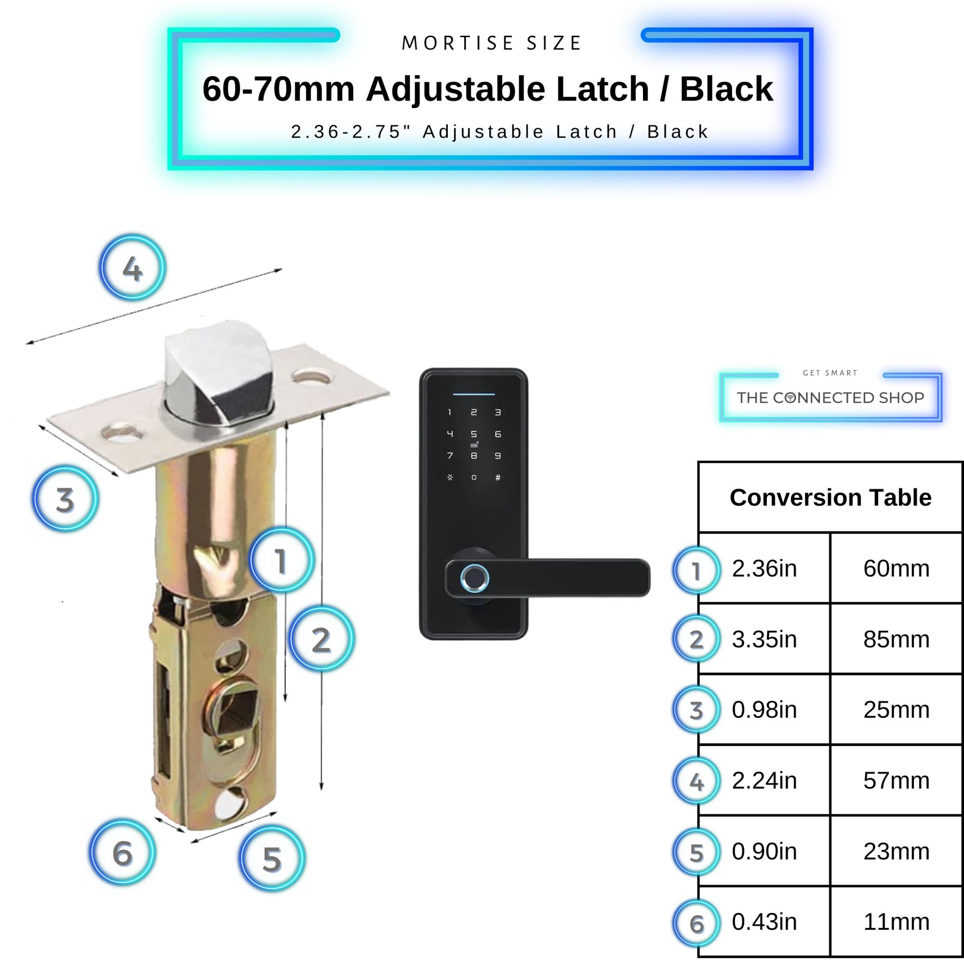 Mini Smart Door Lock - 60 - 70mm Adjustable Latch -