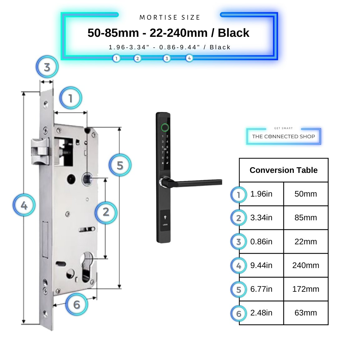 Sliding Door Smart Door Lock - 50-85mm (22x240mm) - Black - No WiFi Gateway