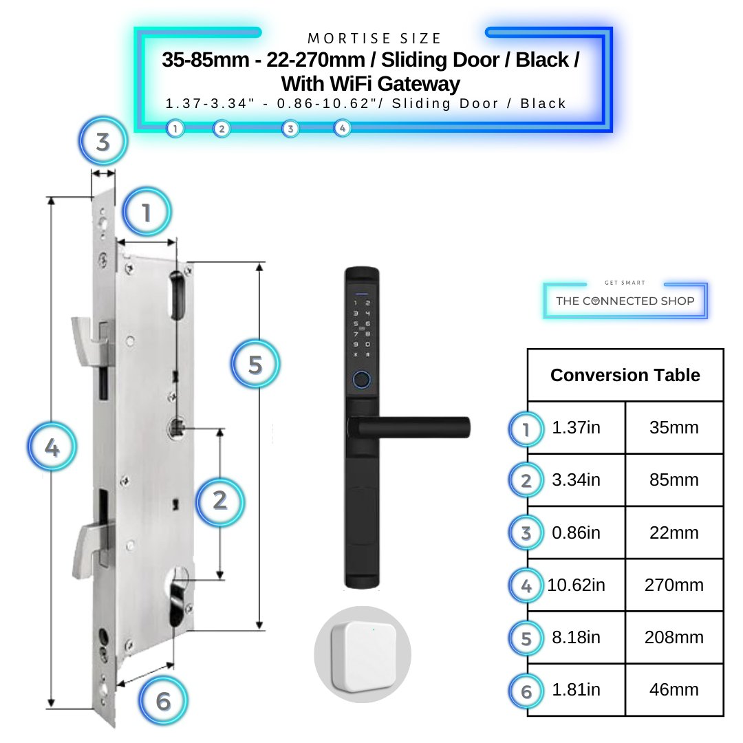 Sliding Door Smart Lock - 35-85mm (22x270mm) Sliding Door - Black - With Gateway